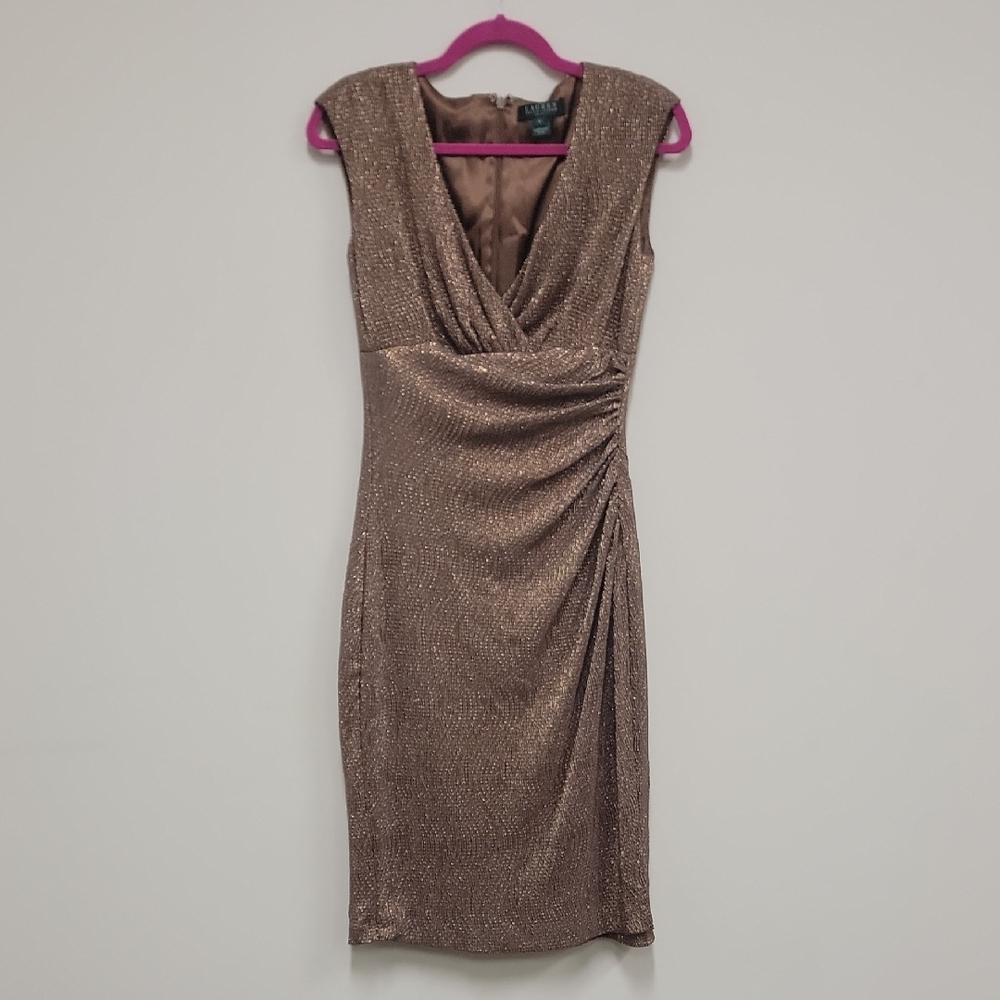 Ralph Lauren Bronze Shimmer V-Neck Midi Dress